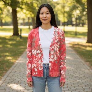Express Women’s Cardigan Small Coral Floral Print Button Front Long Sleeve